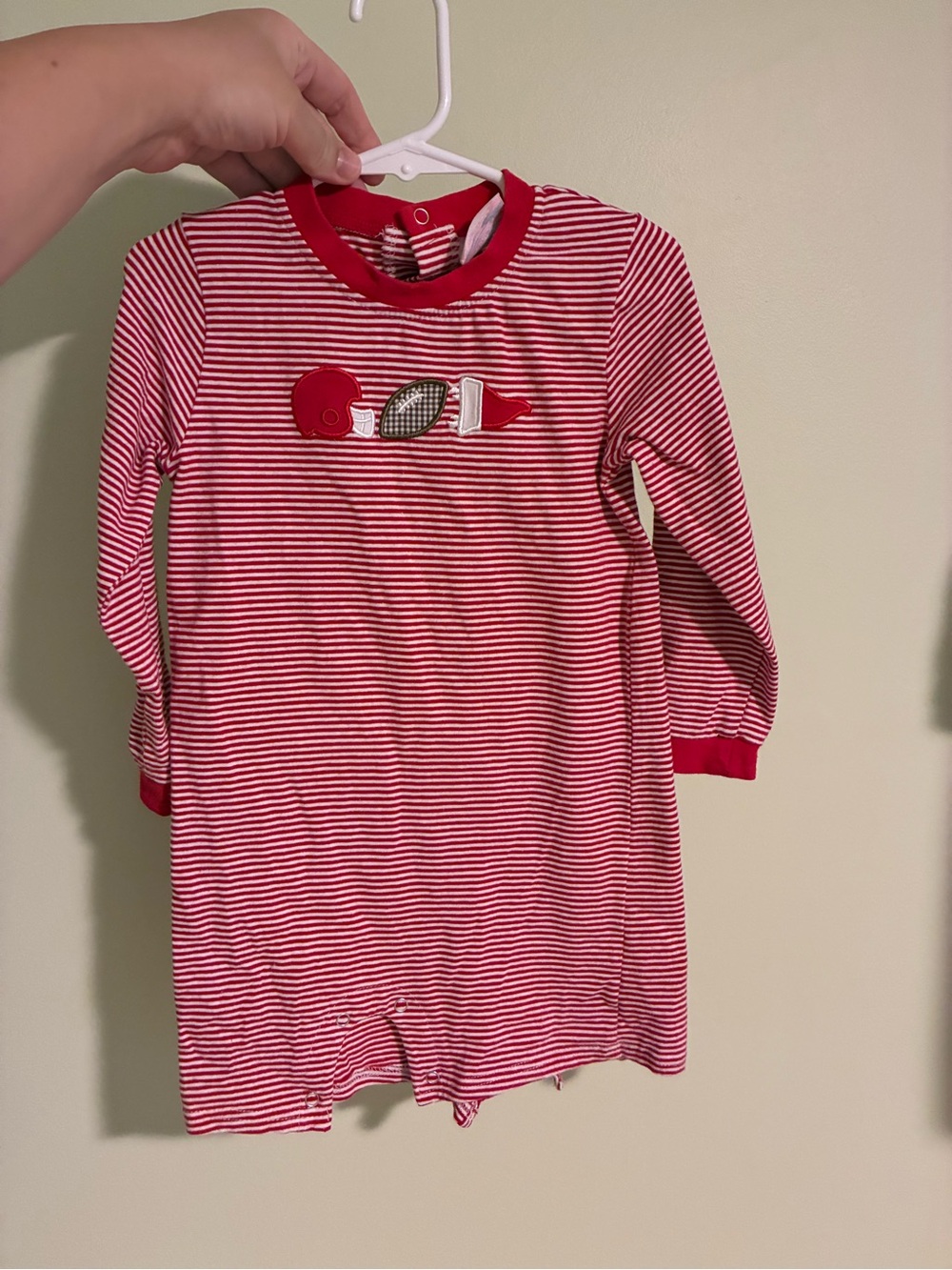 Red Striped Kids Pajamas Romper - Football Appliqué